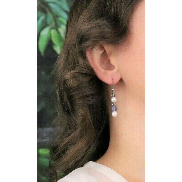 Sterling Silver Pearl and Flower Blue Earrings Dangle Drop Earrings - Picture 3 of 6